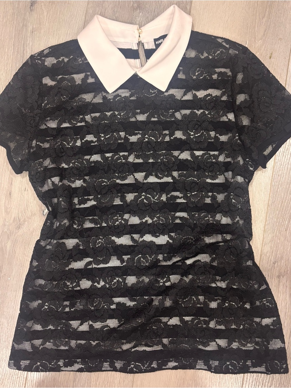 Karl Lagerfeld Paris Black Floral Lace Peter Pan Collar Blouse Top Small